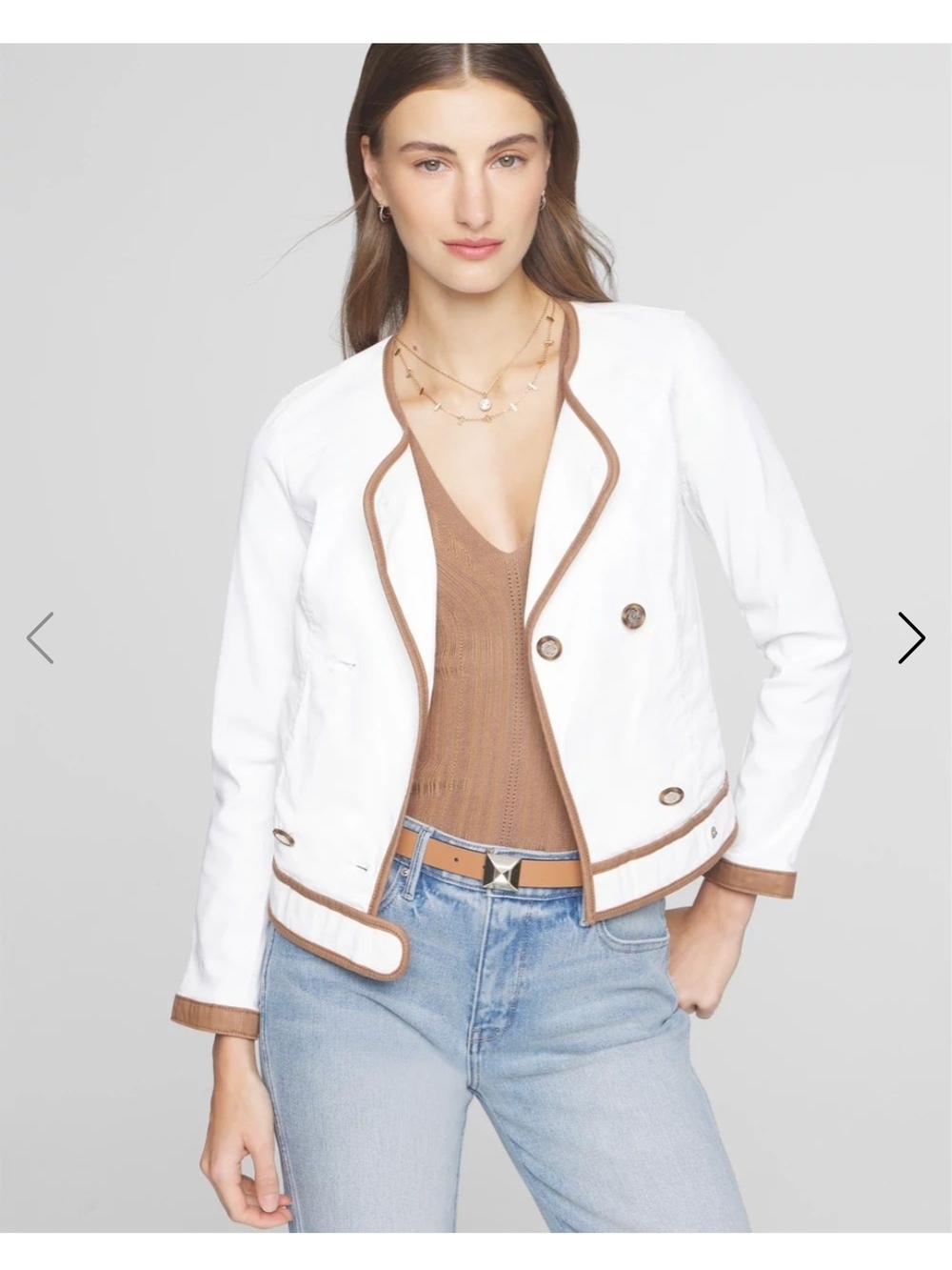 WHBM White and Brown Camel Trim Women's Double Breasted Coat Jacket